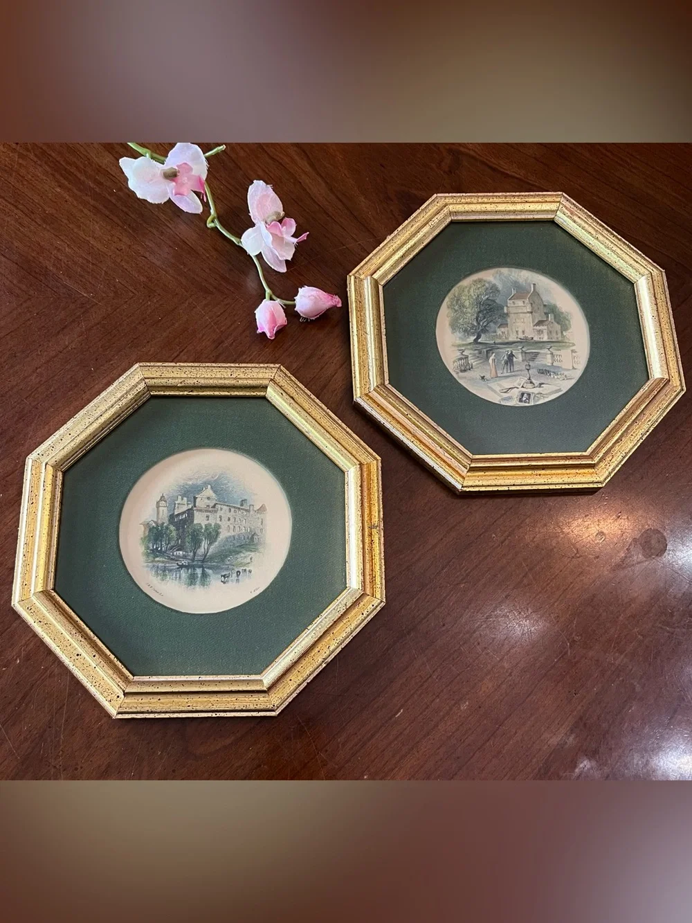 Vintage Rudolf Lesch Turner Views Framed Prints Pair Gold Gilt Octagon 8.25”x1